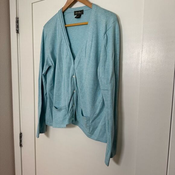 Eddie Bauer Cardigan Sweater Womens Sz XL Blue Stretch Pima Cotton Button Up - Picture 2 of 10